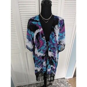 Catalina Kimono CoverUp Women S Plume Fringe Blue Purple Boho Resort Beach Vacay